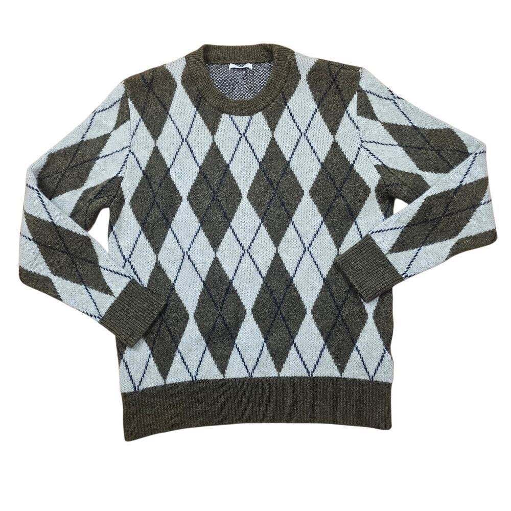 ZARA Wooly Knit Sweater Men's L Argyle Wool Alpaca Blend Olive Cream Preppy Fall